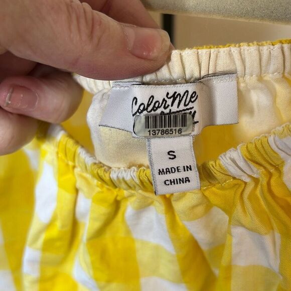Color Me Courtney Kris Yellow Gingham Off Shoulder Puff Sleeve Crop Top Size Sma - Picture 4 of 6